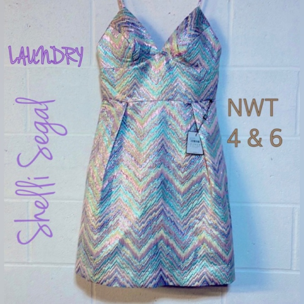 LAUNDRY Segal pink lilac silver multi dress icy pastel fit flare skater nwt 4 6
